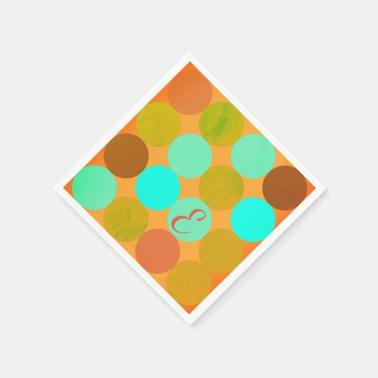 Serviette En Papier Turquoise Bleu Vert & Cercles Orange Monogramme (Coin)