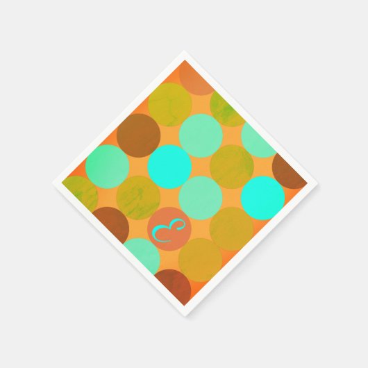 Serviette En Papier Turquoise Bleu Vert & Cercles Orange Monogramme (Coin)