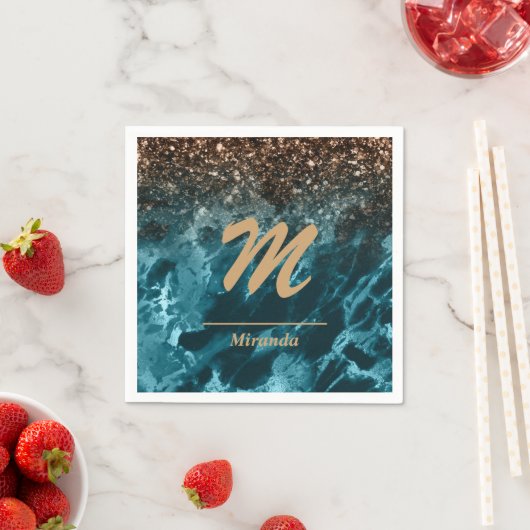 Serviette En Papier Turquoise Blue Agate parties scintillant Monogramm (En situation)