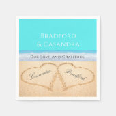 Serviette En Papier Turquoise Blue Beach Mariage 2 Coeurs dans le sabl (Devant)
