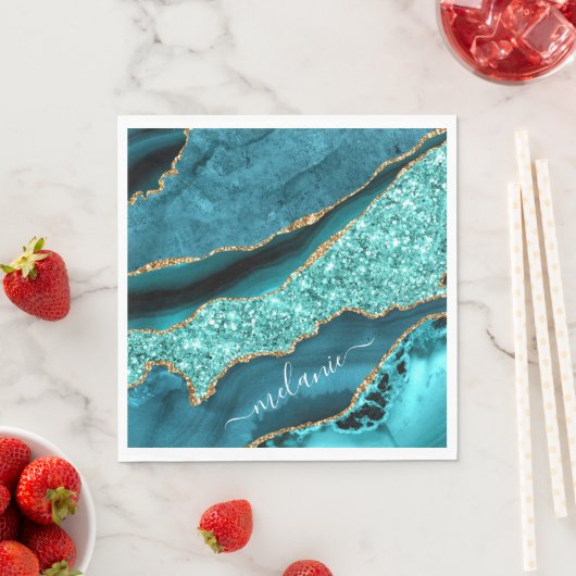 Serviette En Papier Turquoise Blue Gold Marble Turquoise Votre Nom Nap (En situation)