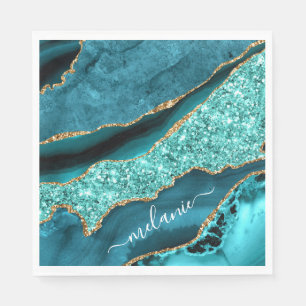 Serviette En Papier Turquoise Blue Gold Marble Turquoise Votre Nom Nap