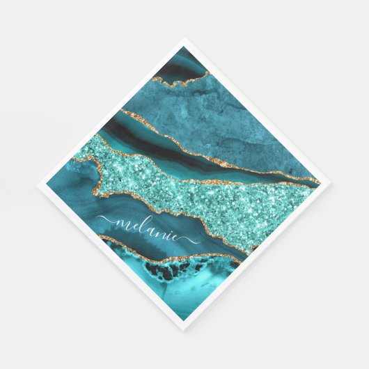 Serviette En Papier Turquoise Blue Gold Marble Turquoise Votre Nom Nap (Coin)