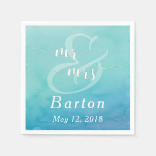 Serviette En Papier Turquoise & Blue Watercolor Mariage Mr & Mrs Typog