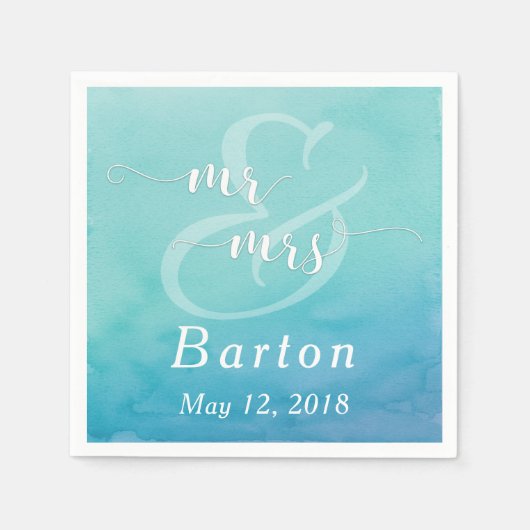 Serviette En Papier Turquoise & Blue Watercolor Mariage Mr & Mrs Typog (Devant)