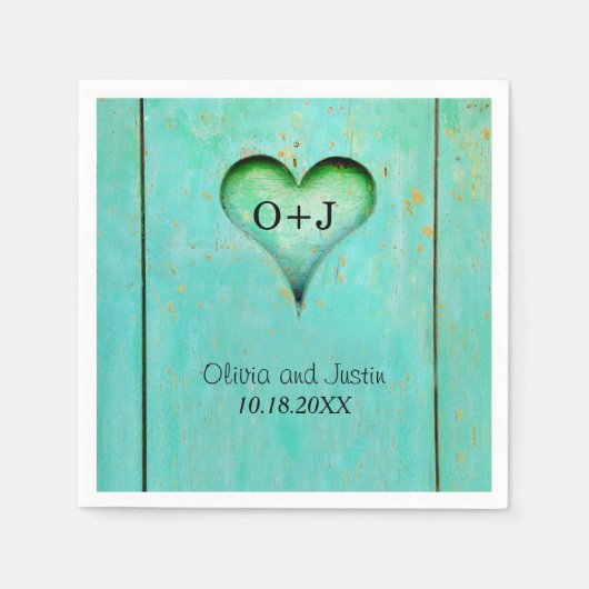Serviette En Papier Turquoise Bois rustique Coeur monogramme (Devant)