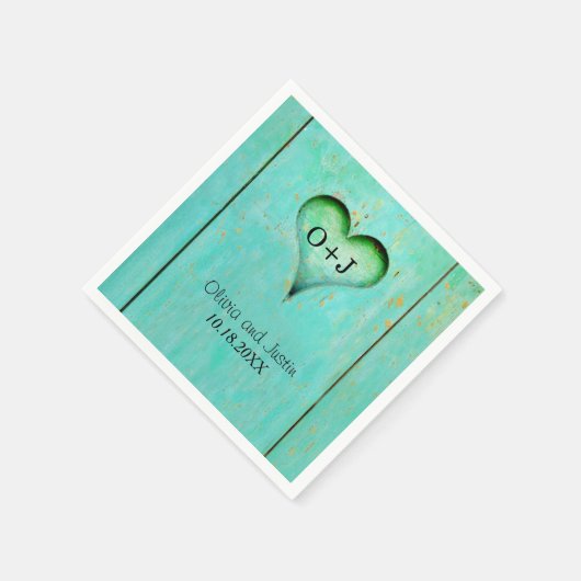 Serviette En Papier Turquoise Bois rustique Coeur monogramme (Coin)