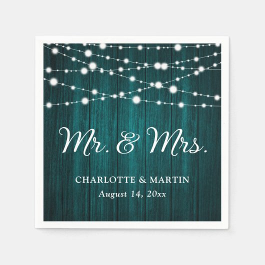 Serviette En Papier Turquoise Bois Rustique Lumières M. & Mme Mariage (Devant)