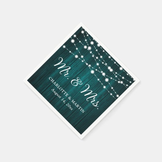 Serviette En Papier Turquoise Bois Rustique Lumières M. & Mme Mariage (Coin)