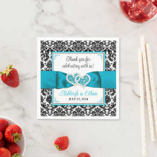 Serviette En Papier Turquoise, Cœur d'amour en Damas noir Mariage