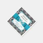 Serviette En Papier Turquoise, Cœur d'amour en Damas noir Mariage (Coin)