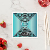 Serviette En Papier Turquoise et Damas noir (En situation)