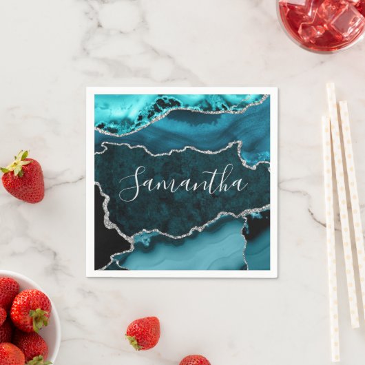 Serviette En Papier Turquoise et Faux Argent Parties scintillant Marbr (En situation)