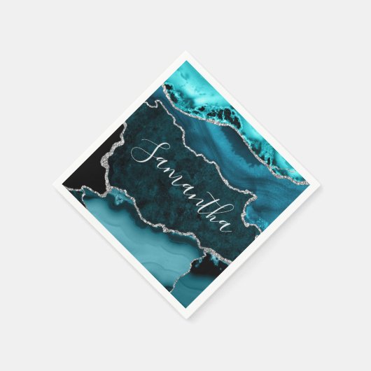 Serviette En Papier Turquoise et Faux Argent Parties scintillant Marbr (Coin)