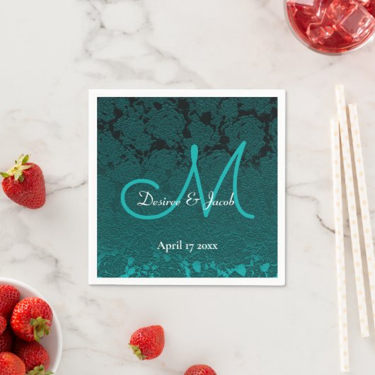 Serviette En Papier Turquoise foncé Turquoise blanc élégant Monogramme (En situation)