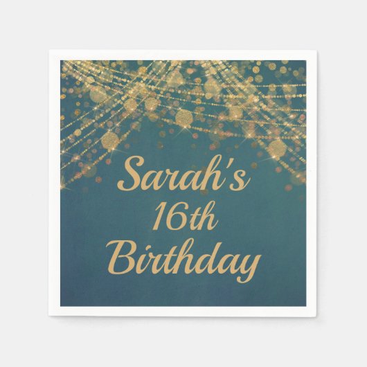 Serviette En Papier Turquoise Gold String éclaire Bokeh 16e anniversai (Devant)