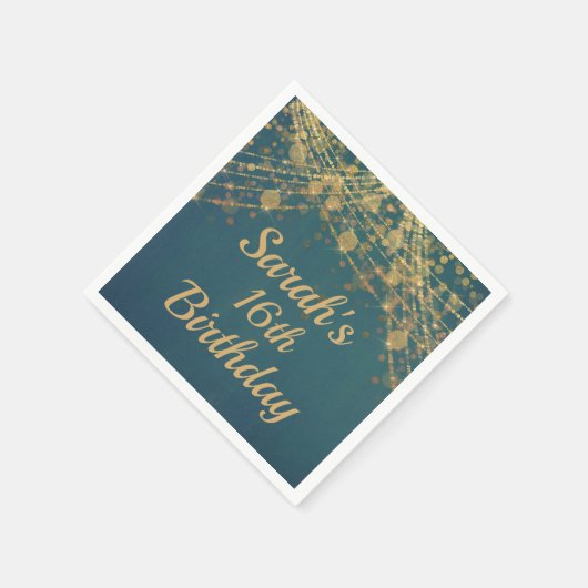 Serviette En Papier Turquoise Gold String éclaire Bokeh 16e anniversai (Coin)