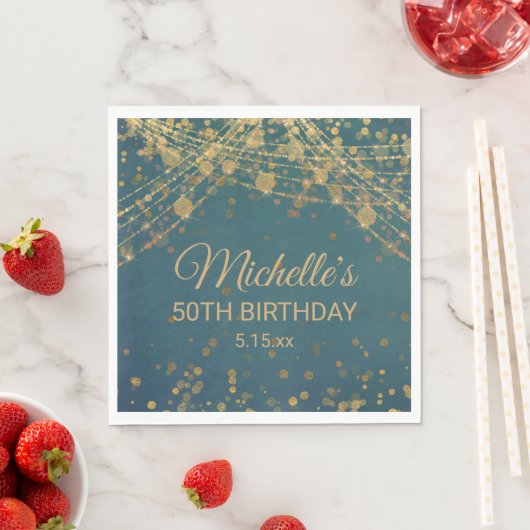 Serviette En Papier Turquoise Gold String Lights Parties scintillant A (En situation)