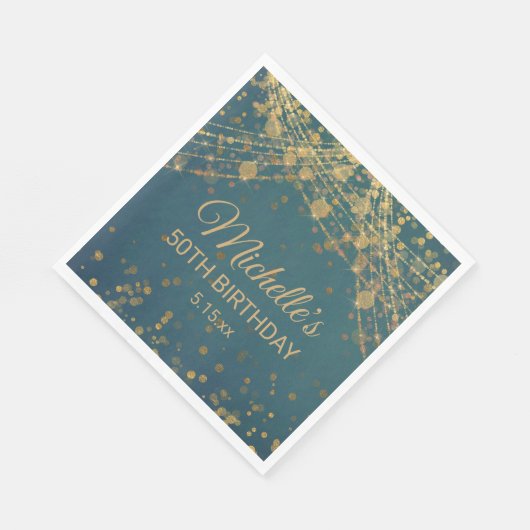 Serviette En Papier Turquoise Gold String Lights Parties scintillant A (Coin)