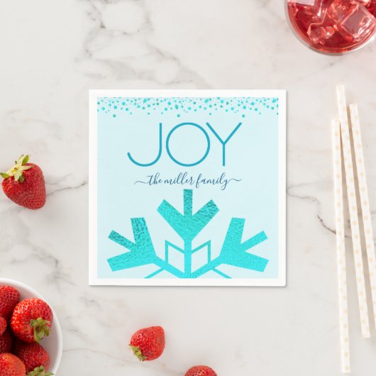 Serviette En Papier Turquoise Joy Holiday Flocon de neige Typographie (En situation)