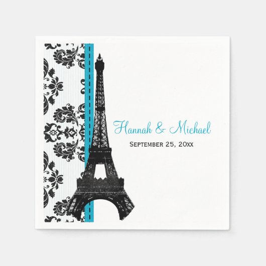 Serviette En Papier TURQUOISE Mariage Tour Eiffel Damas (Devant)