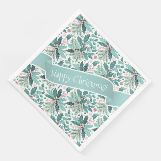 Serviette En Papier Turquoise Noël Holly Berries Motif#17 ID1009 (Coin)