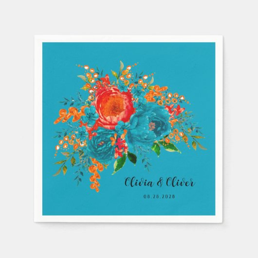 Serviette En Papier Turquoise rouge orange Mariage botanique (Devant)