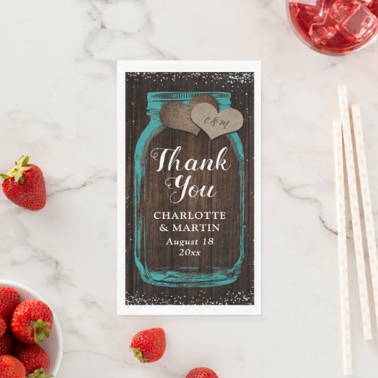 Serviette En Papier Turquoise rustique Mason Jar Merci Mariage en bois (En situation)