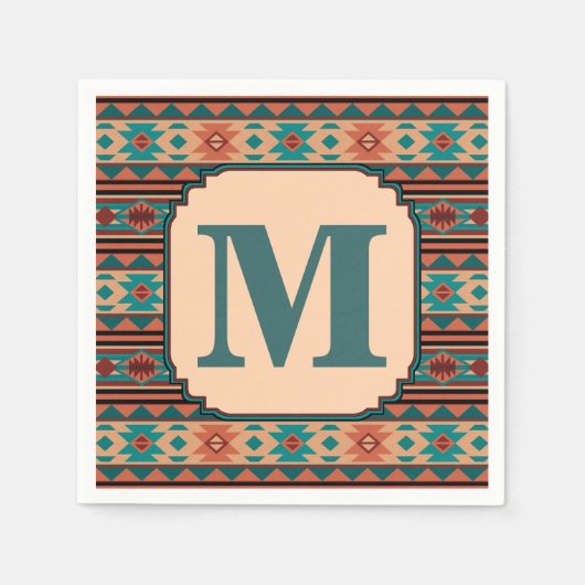 Serviette En Papier Turquoise Terracotta Monogram (Devant)