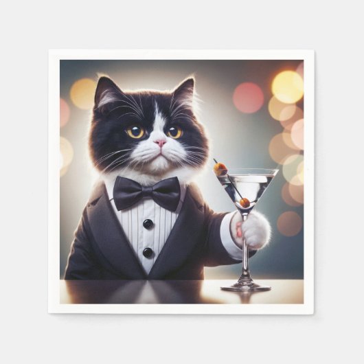 Serviette En Papier Tuxedo Chat Avec Cocktail Martini (Devant)