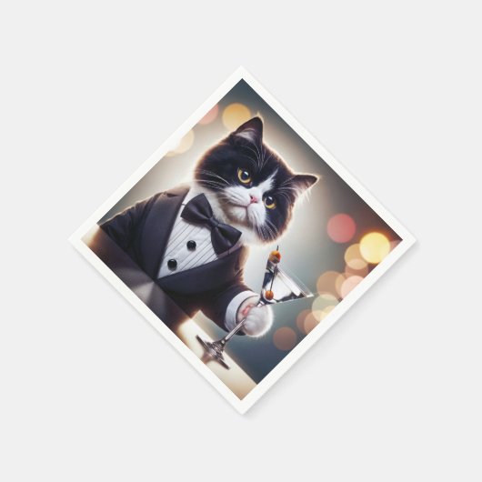 Serviette En Papier Tuxedo Chat Avec Cocktail Martini (Coin)