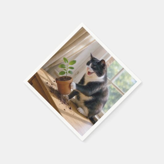 Serviette En Papier Tuxedo Chat renverser un Plante de maison en point (Coin)