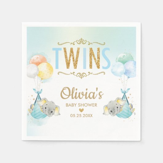 Serviette En Papier Twins Boys Elephant Balloons Baby shower (Devant)