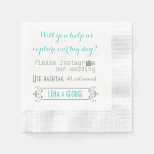Serviette En Papier Typographie avec le hashtag Instagram aqua mariage