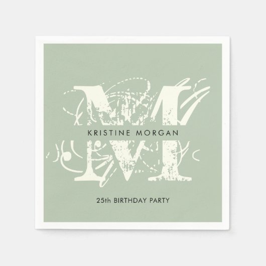 Serviette En Papier Typographie chic sauge nom vert monogramme (Devant)