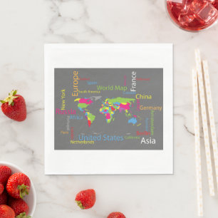 Serviette En Papier Typographie colorée Carte du monde Mot moderne Voy