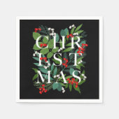 Serviette En Papier Typographie de NOËL Berries Verdure sur noir (Devant)