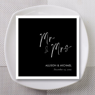 Serviette En Papier Typographie Moderne Mr & Mrs Blanc sur Noir