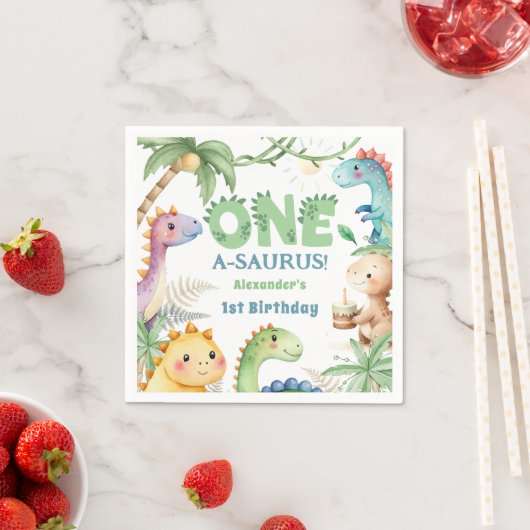 Serviette En Papier Un A-Saurus Boy Dinosaur 1er anniversaire (En situation)