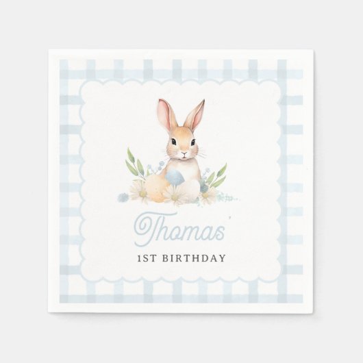 Serviette En Papier Un Bunny Pastel Printemps Bleu En vichy 1er Annive (Devant)