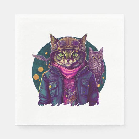 Serviette En Papier Un chat et un hibou (Devant)