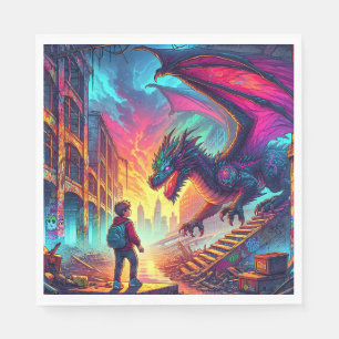 Serviette En Papier Un garçon rencontre un dragon dans un monde dystop