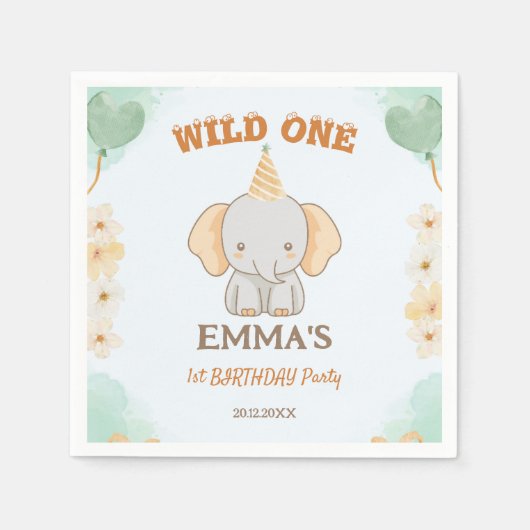 Serviette En Papier Un joli éléphant sauvage 1er anniversaire (Devant)