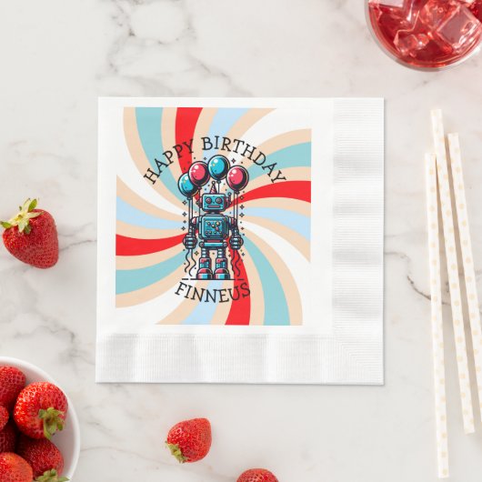 Serviette En Papier Un joyeux anniversaire pour un garçon à thème robo (En situation)