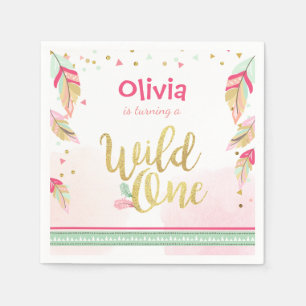 Serviette En Papier Un Livre Sauvage Napkin Or rose Boho Feathes Girl