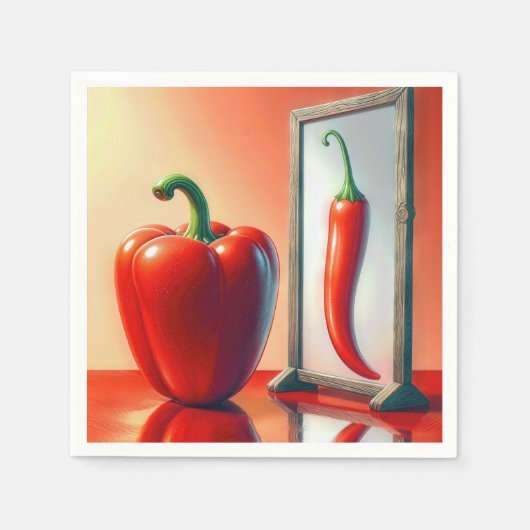 Serviette En Papier Un poivre rouge regardant dans un miroir (Devant)