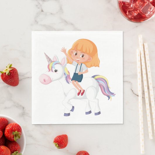 Serviette En Papier Une Fille Qui Mène Une Unicorne (En situation)