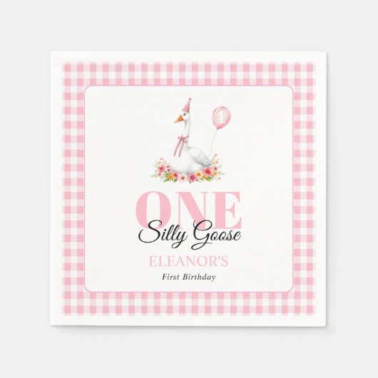 Serviette En Papier Une oie idiote, rose en vichy 1er anniversaire de  (Devant)