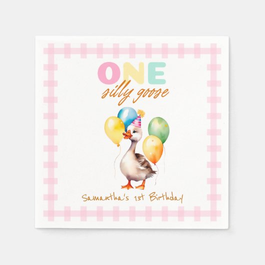 Serviette En Papier Une oie sotte rose En vichy fille 1er anniversaire (Devant)