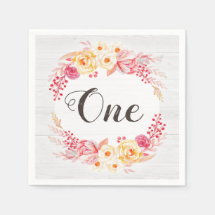 Serviette En Papier Une première fête d'anniversaire florale rustiqu